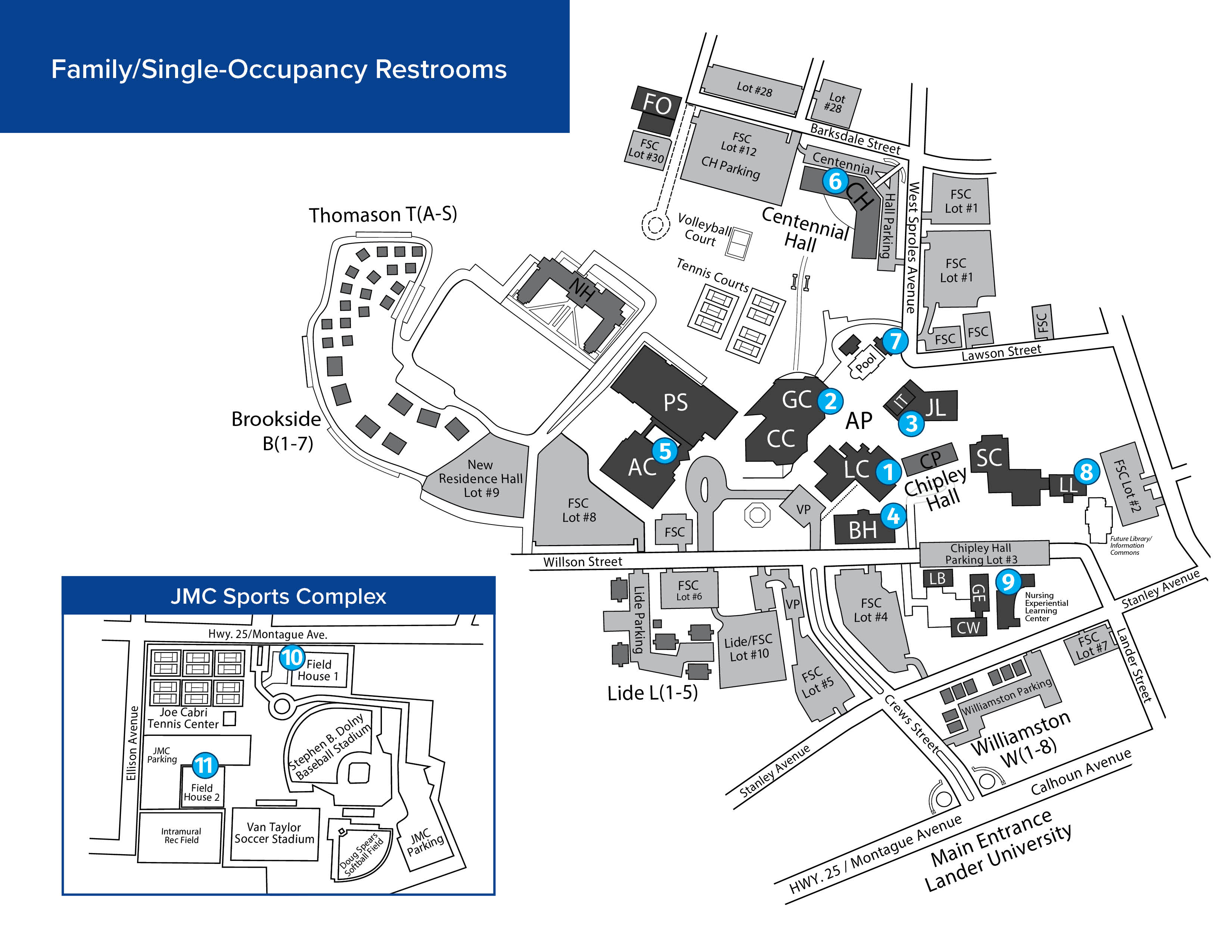 Map of Lander University showing family and single-stall restroom locations in Barratt Hall, Carnell Learning Center, Finis Horne Arena, Grier Student Center and Laura Lander Hall.
