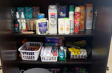cabinet with donated toiletries
